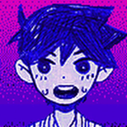 a pixel art drawing of a boy with blue hair and a striped shirt .