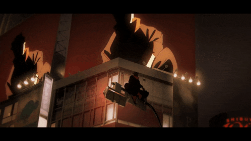 a cartoon drawing of a man riding a motorcycle on top of a building that says ' tokyo ' on it