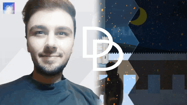 a man with a beard is smiling in front of a picture of a castle and a crescent moon