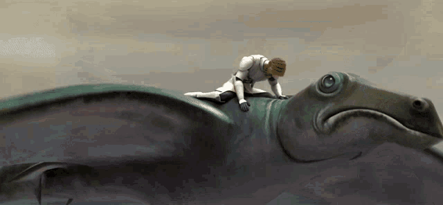 a cartoon character is riding on the back of a large fish