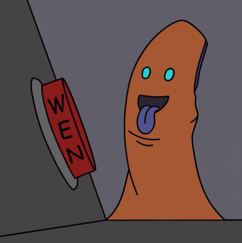 a cartoon character is sticking its tongue out next to a red button that says weez