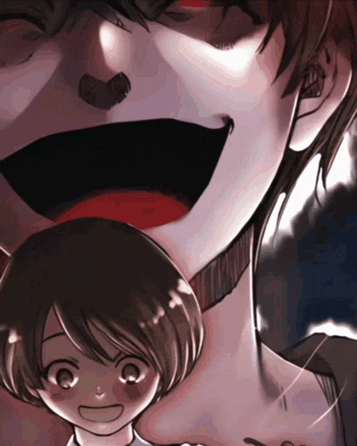 a close up of a person 's face with a little girl behind them