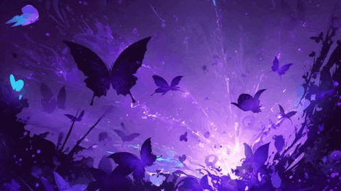 a bunch of butterflies are flying in a purple sky