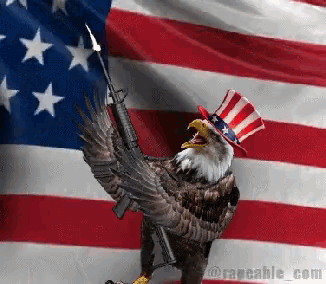 a bald eagle wearing an uncle sam hat holding a gun in front of an american flag