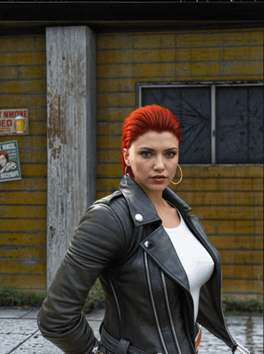 a woman in a leather jacket stands in front of a yellow building with a sign that says " no smoking "