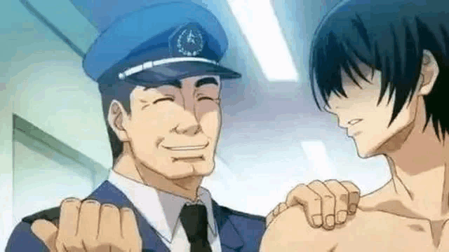a man in a police uniform is talking to a shirtless man in a room .