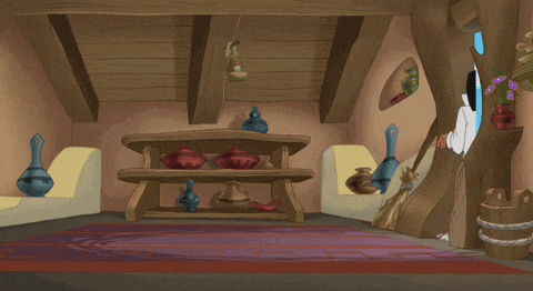 a cartoon character is standing in a room with vases on the shelves