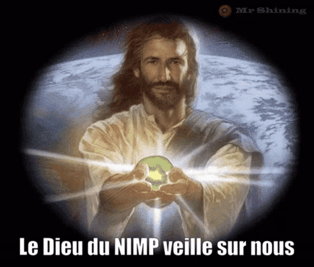 a painting of jesus holding a kiwi in his hands