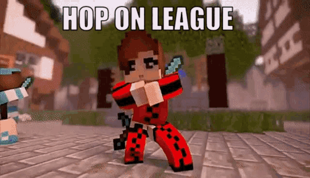 a minecraft character is jumping in the air with the words hop on league written above him