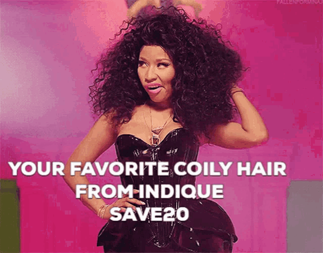 a woman with curly hair is wearing a black corset with the words " your favorite coily hair from indicue save20 "