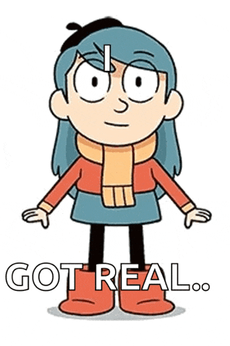 a cartoon girl with blue hair is wearing a scarf and boots and says got real