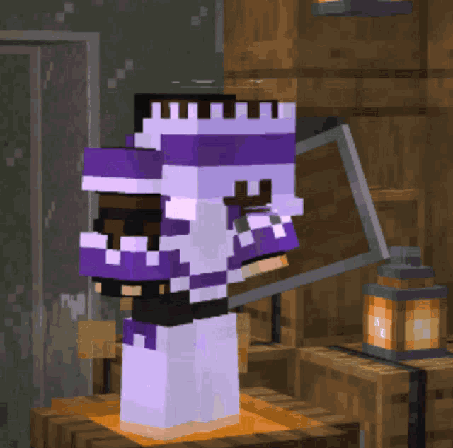 a purple and white minecraft character is holding a sign