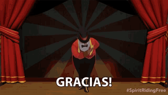 a cartoon illustration of a circus ringmaster with the words gracias in the bottom right corner