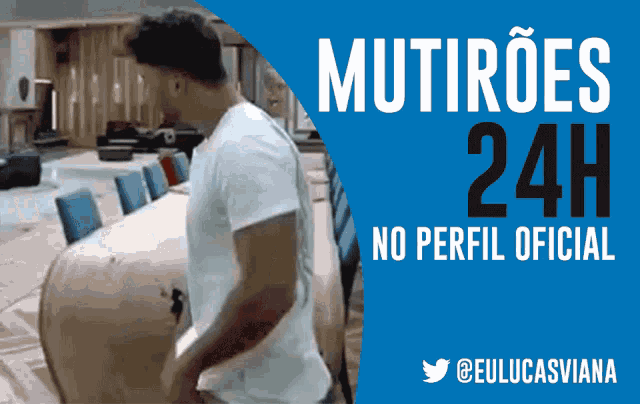a man in a white shirt is standing in front of a sign that says " mutirões 24h "