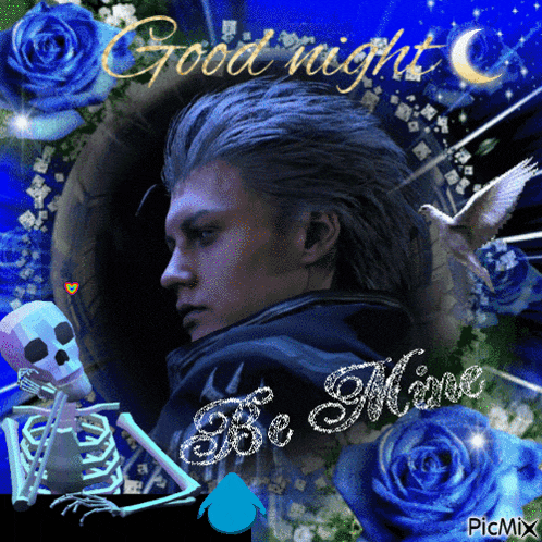 a picture of a man with the words good night be mine written on it