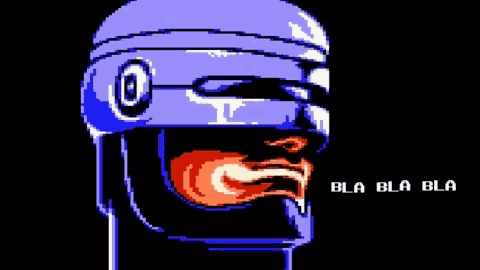 a pixel art of a robotic head with the words bla bla bla below it