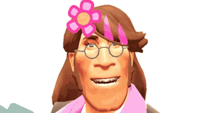 a woman with glasses and a flower on her head
