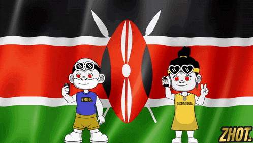 a boy and a girl are standing in front of a flag with the word zhot on the bottom right