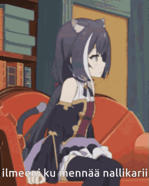 a girl with a cat ear sits on a red couch with the words ilmeinen ku mennaa nallikari written below her