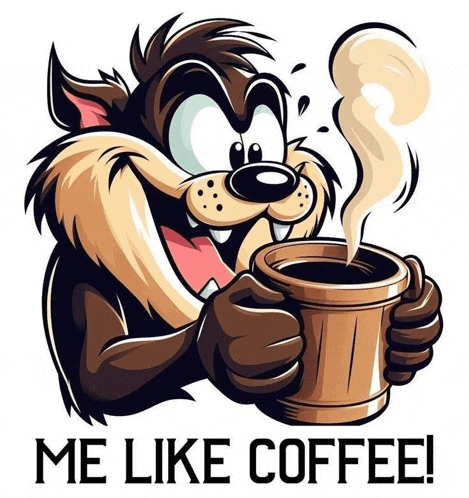 a cartoon character holding a cup of coffee with the words " me like coffee " below it
