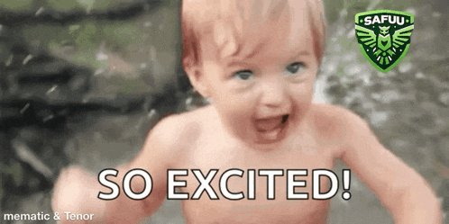 a shirtless baby with the words so excited written on the bottom