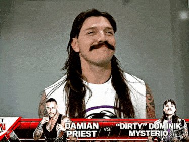 a man with long hair and a mustache is standing in front of a sign that says damian priest