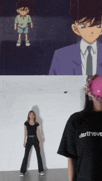 a woman wearing a black shirt that says tsrdtheve