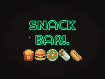 a neon sign that says snack bar with a hamburger french fries and hot dog