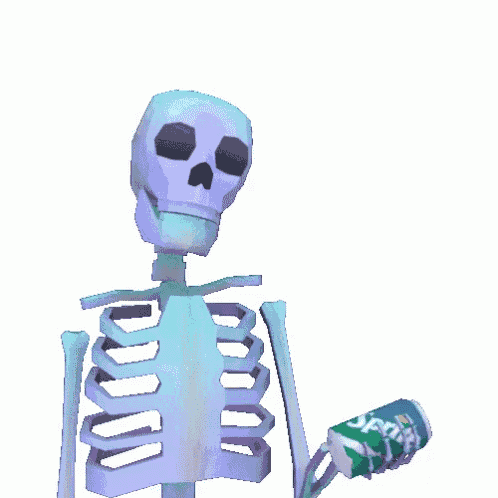 a skeleton is holding a can of sprite in its hand