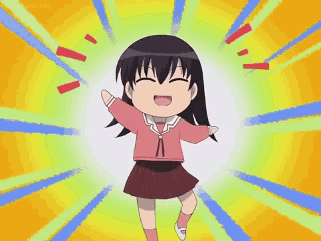 a cartoon girl is dancing with her arms in the air