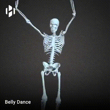 a close up of a skeleton with the words belly dance written below it