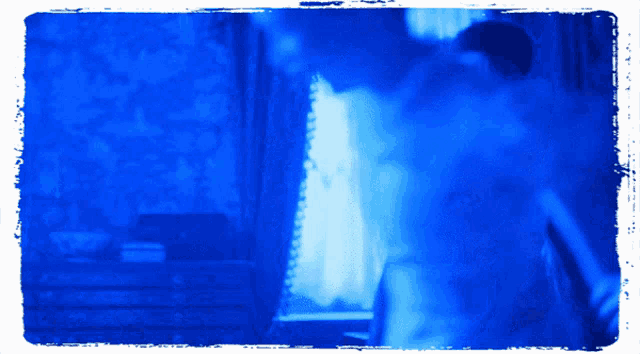 a picture of a person in a room with a blue frame