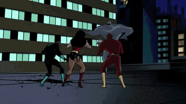 a cartoon of wonder woman and the flash standing on a rooftop