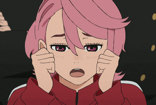 a girl with pink hair making a face with her hands