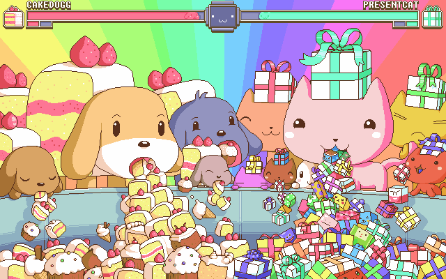 a cartoon drawing of a cake dogg and a present cat surrounded by cake and presents