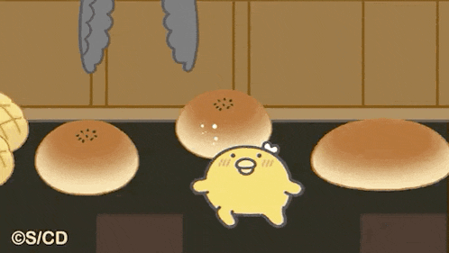 a cartoon character is standing in front of a bunch of bread