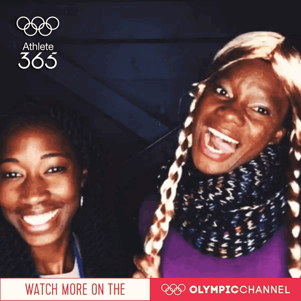 two women are standing next to each other with a watch more on the olympic channel button