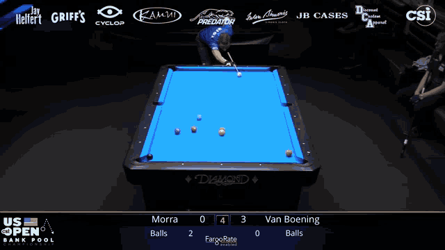 a pool table with a blue cloth that says ' diamond ' on it