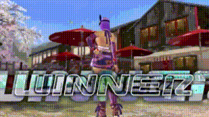 a video game character is standing in front of a sign that says " winnerz "