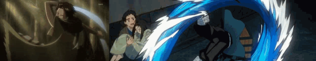 a cartoon of a person holding a sword and a cartoon of a person holding a sword and a wave