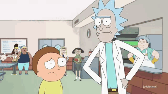 a cartoon character named rick and morty is standing in a restaurant