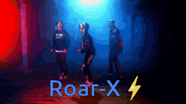a group of people are dancing in front of a lightning bolt and the words roar-x