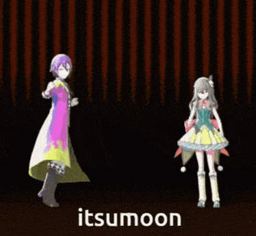 a couple of anime characters dancing with the word itsumoon in the bottom right corner