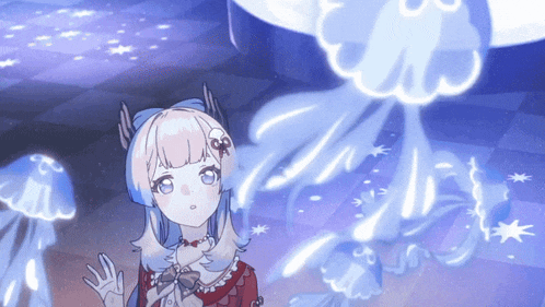 a girl in a red dress stands in front of a jellyfish