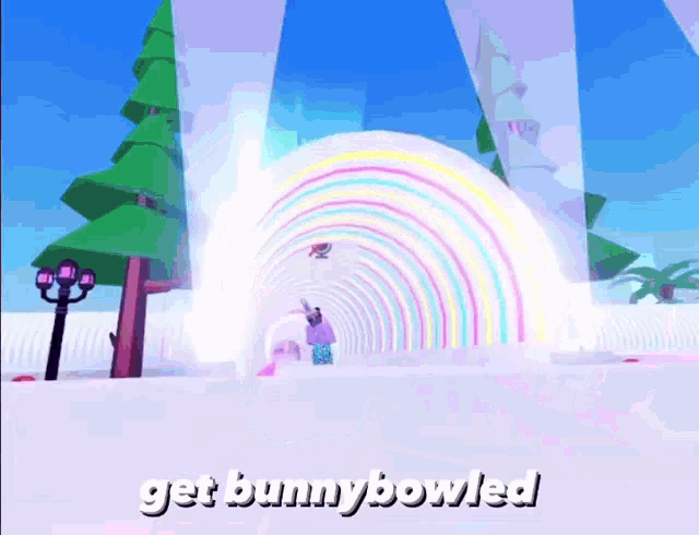 a video game scene with a rainbow and the words get bunnybowled