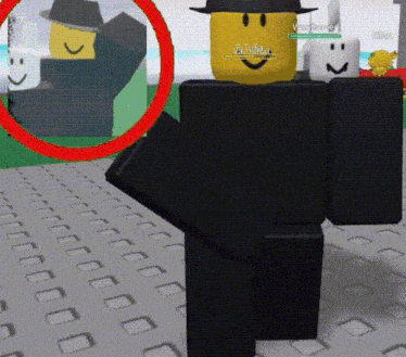a roblox character wearing a hat is standing on a tile floor .