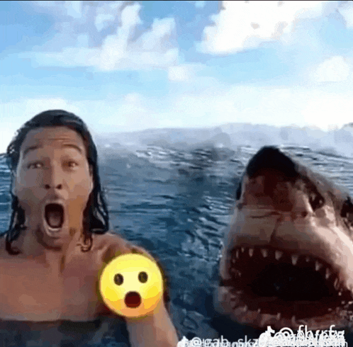 a man is taking a selfie in the ocean with a shark .