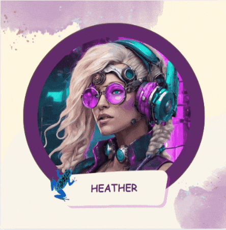 a purple circle with a picture of a woman named heather