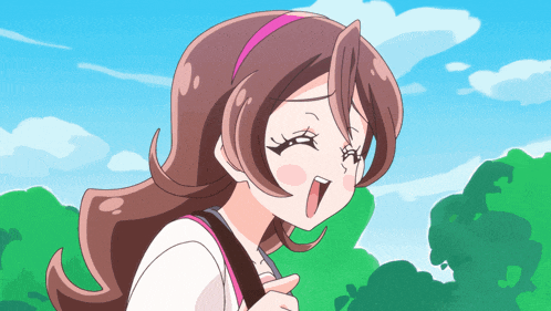 a girl with brown hair and a pink headband stands in front of a blue sky