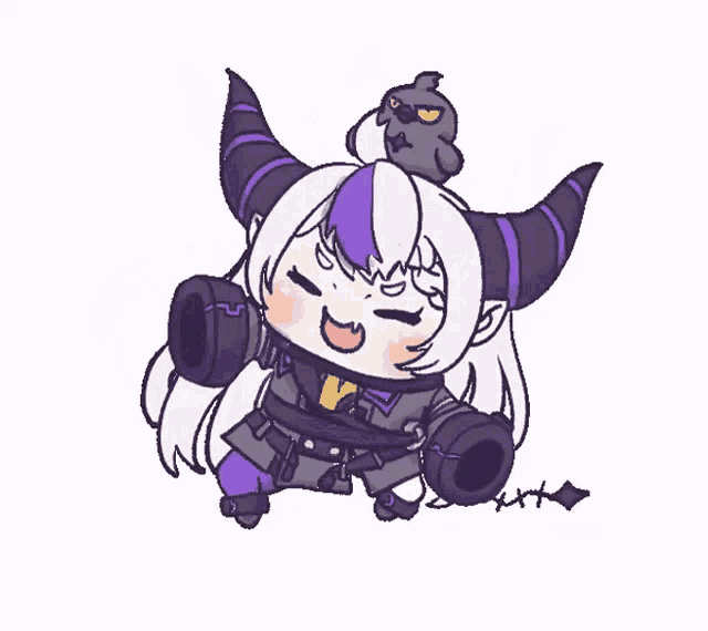 a cartoon drawing of a girl with horns and a bird sitting on her head .